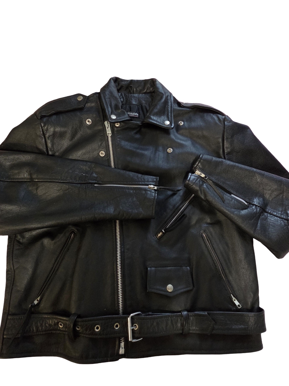 Men's Black Leather Moto Bomber Jacket with Belted Hem
